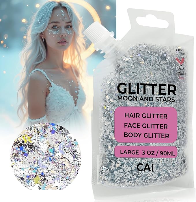 Hair Glitter Gel – Body Glitter for Kids and Women – Iridescent Holograph Cosmetic-Grade Gel w/Moon & Stars for Hair, Body & Face, Applies Smoothly w/o Glue & Washes Off Easily, 3 Oz - Silver 1Pack