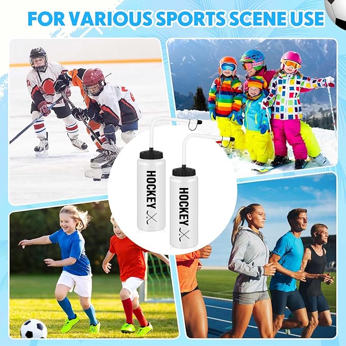 Domensi 2 Pack 1 Liter Sports Water Bottle with Long Straw Hockey Lacrosse 34 Oz Water Bottle Easy Squeeze Plastic Use with Sport Helmet in Football Baseball(Pure Black,Printed)