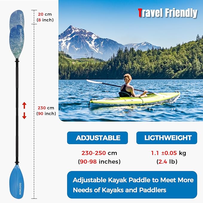 Kayak Paddles with Alloy Shaft and PP Blade, Floating Kayaking Oars, Adjustable 230-250 cm/90-98 Inches, 210-230 cm/82-90 Inches