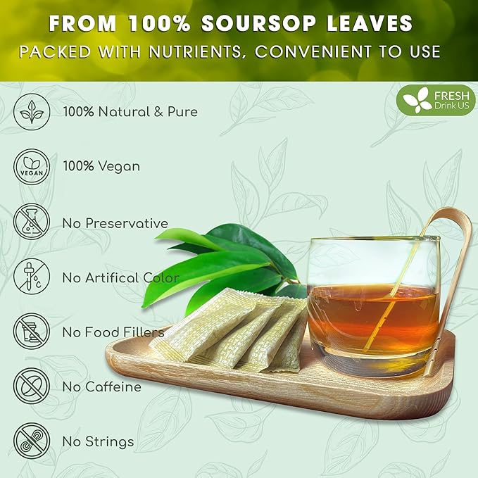 FreshDrinkUS, Premium 15 Soursop Graviola Leaf Tea Bags, 100% Natural & Pure from Soursop Leaves, Hoja Guanabana Herbal Tea. Made with Natural Material Tea Bags. No Sugar, No Caffeine, Vegan.