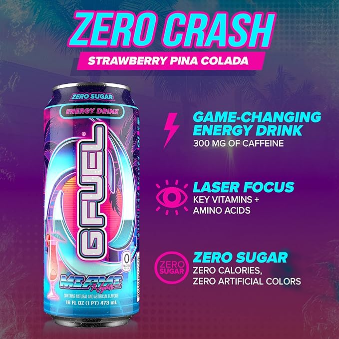 G Fuel Energy Drink, Strawberry Pina Colada, Sugar Free Beverage with 140mg Caffeine, Daily Energy Boost with Focus Amino, Vitamin + Antioxidants, 16 oz Cans (Miami Nights, 12-Pack)
