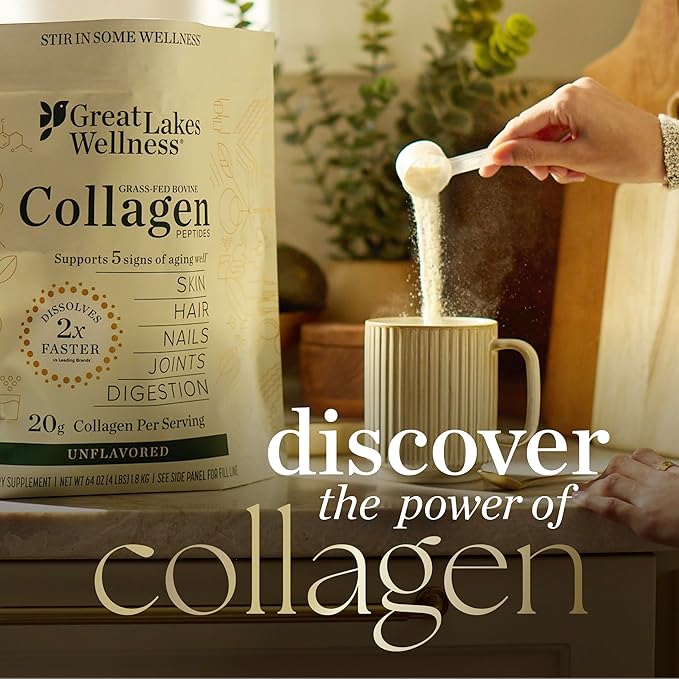 Great Lakes Wellness Collagen Peptides Powder for Skin, Hair, Nails, Joints & Digestion - Unflavored - Quick Dissolve Hydrolyzed, Non-GMO, Keto, Kosher - 4 lb. Value Pouch