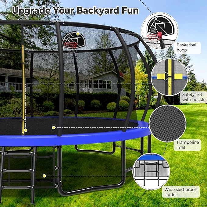 10 12 14 15 16FT Outdoor Trampolines for Kids and Adults, Pumpkin Trampoline with Curved Poles, Recreational Trampoline with Basketball Hoop and Safety Enclosure Net for Kids and Adults