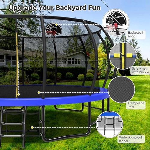 10 12 14 15 16FT Outdoor Trampolines for Kids and Adults, Pumpkin Trampoline with Curved Poles, Recreational Trampoline with Basketball Hoop and Safety Enclosure Net for Kids and Adults