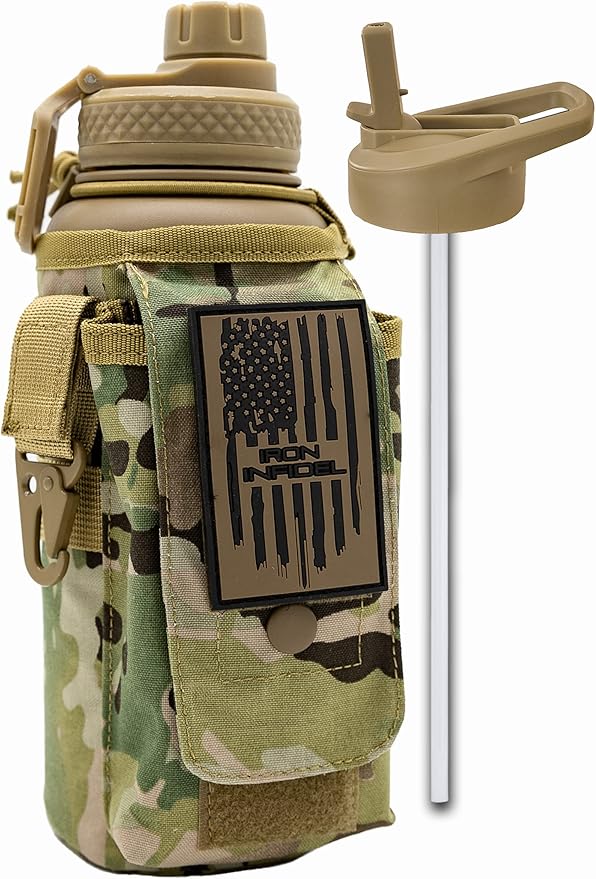 Iron Infidel Battle Bottle - 32 Oz Insulated Water Bottle with Straw Lid & Chug Cap, Stainless Steel Metal Tactical Flask With Rugged, Removable Sleeve for Keys & Phone or Wallet (OCP Camo 1 Liter)