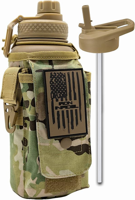 Iron Infidel Battle Bottle - 32 Oz Insulated Water Bottle with Straw Lid & Chug Cap, Stainless Steel Metal Tactical Flask With Rugged, Removable Sleeve for Keys & Phone or Wallet (OCP Camo 1 Liter)