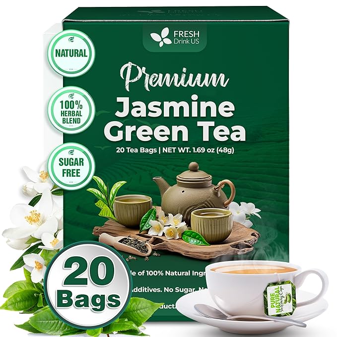 FreshDrinkUS, Premium 20 Tea Bags of Jasmine Green Tea, 100% Natural. Exquisite Flavor, Handpicked Leaves, Perfect for Tea Lovers. No Sugar, No Gluten, Vegan.
