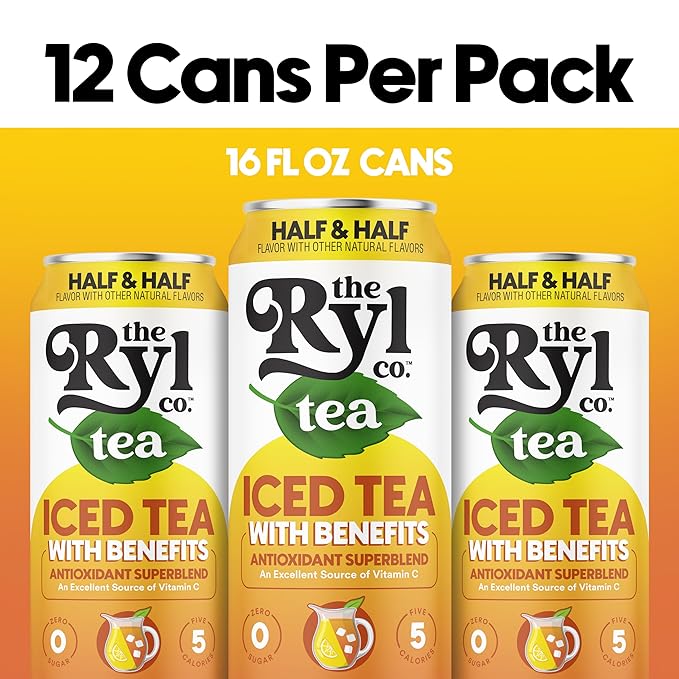 Ryl Half & Half Iced Tea – Antioxidant Superblend, No Artificial Ingredients, Zero Sugar, Five Calories, Low Carb, Non-GMO, Kosher, Gluten Free, Made in the USA, 12-Pack, 16 Fl Oz
