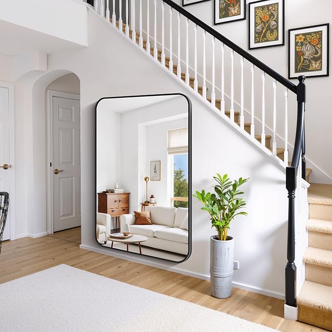 FORBATH Large Bathroom Mirror 60" x 40", Black Rectangle Metal Framed Rounded Corner Wide Wall Mounted Mirror for Bathroom Bedroom Entryway Decor(Horizontal/Vertical)