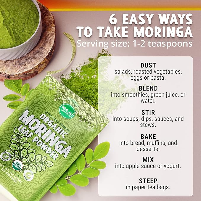 MAJU's Organic Moringa Powder (1 Pound), Oleifera Leaf, Extra-Fine Quality, Dried Drumstick Tree Leaves, For Tea, Smoothies, Food-Grade