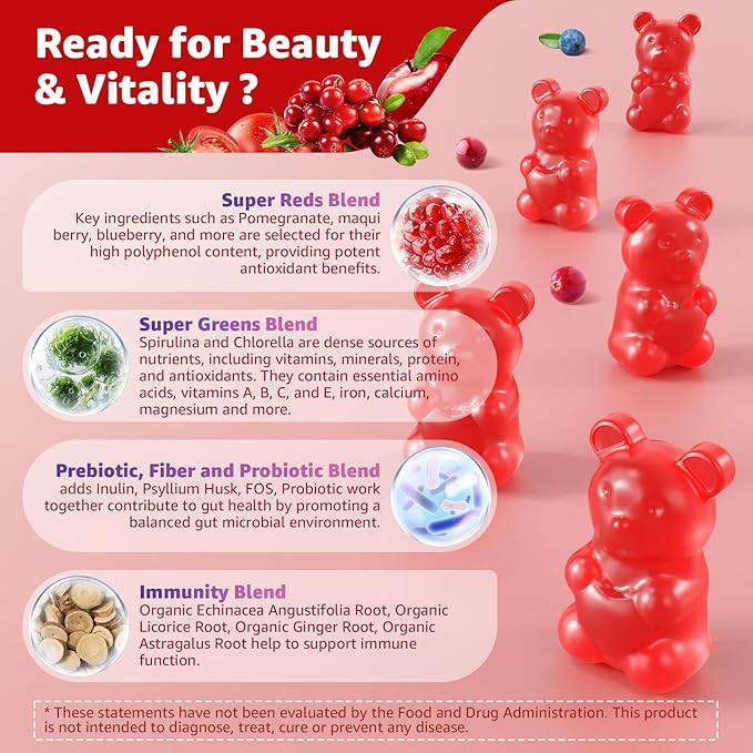 Fruit and Veggie Supplement, Super Greens & Reds Gummies w/40+ Superfoods, Multivitamin, Polyphenol, Spirulina Chlorella, Beet Root Powder Alternative, Support Energy Antioxidants & Gut Health, 120Cts