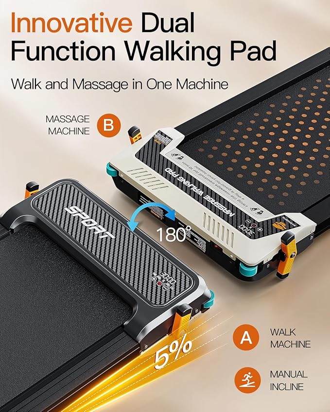 FUNRAY Versatile Walking Pad Treadmill with Incline - Dual-Sided Under Desk Treadmill with Foot Massage,2 in 1 Walking Machine for Home/Office with 330LBS Weight Capacity