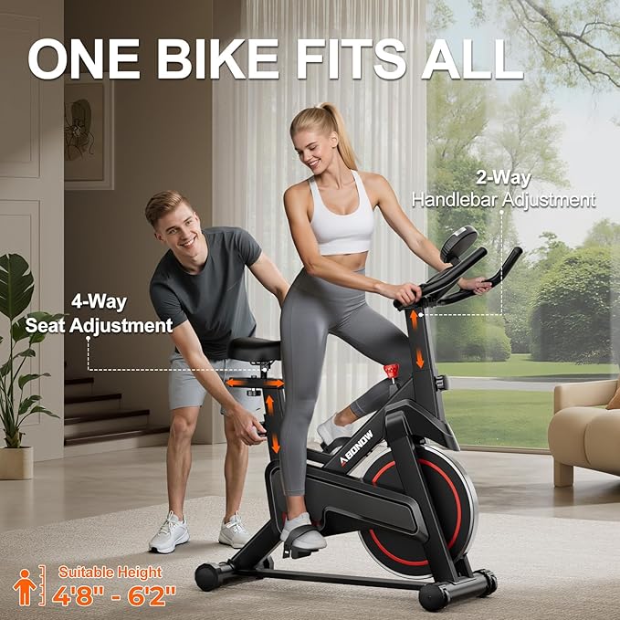 Exercise Bike, Brake Pad Stationary Bikes for Home with App Compatible, Low Noise Indoor Cycling Bike, 300lbs Capacity Compact Workout Bike with Tablet Mount & Extra Comfort Seat