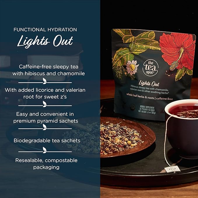 The Tea Spot Organic Lights Out Tea with Valerian Root Relaxation | Blend of Hibiscus, Peppermint, Chamomile, Lavender, Licorice Root & Valerian Root | Caffeine-Free 15 Tea Bags, Pack of 1