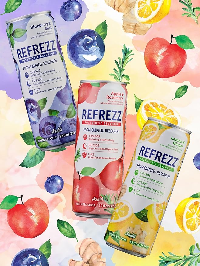 REFREZZ Postbiotic Beverage, Apple & Rosemary, Relaxing and Refreshing, Supports a Good Night's Sleep, Good for Immune System, Gluten Free, Non‑GMO, 35Calories, 12oz (12Cans)