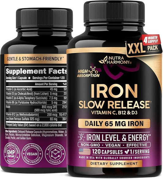 Iron Supplement for Women - Iron 65mg (Ferrous Sulfate 325mg) - Stomach Friendly | Slow Release Iron | High Absorption - Vitamins C, D3, B6, B12 & Folate - Iron Level & Energy Support - 120 Capsules