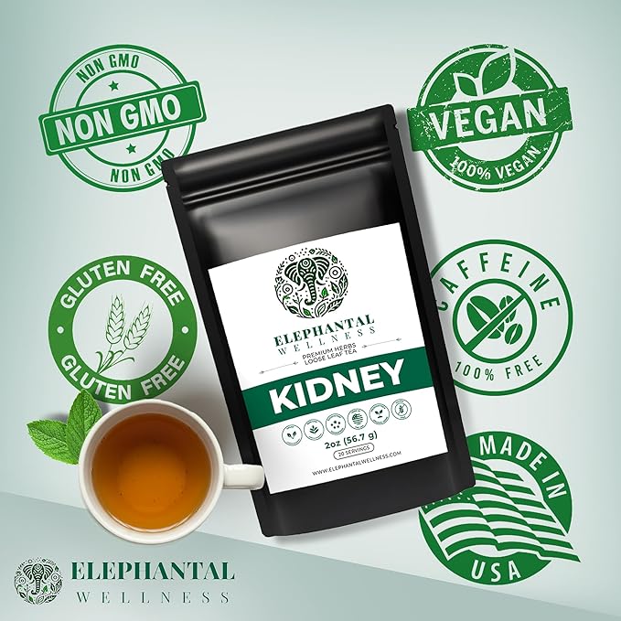 Elephantal Wellness Premium Kidney Herbal Tea | Urinary Tract & Kidney Support with Dandelion, Gravel Root, Goldenrod & Marshmallow | Handmade, Caffeine-Free, Non-GMO Loose Leaf Blend, 2oz, 20 Servings