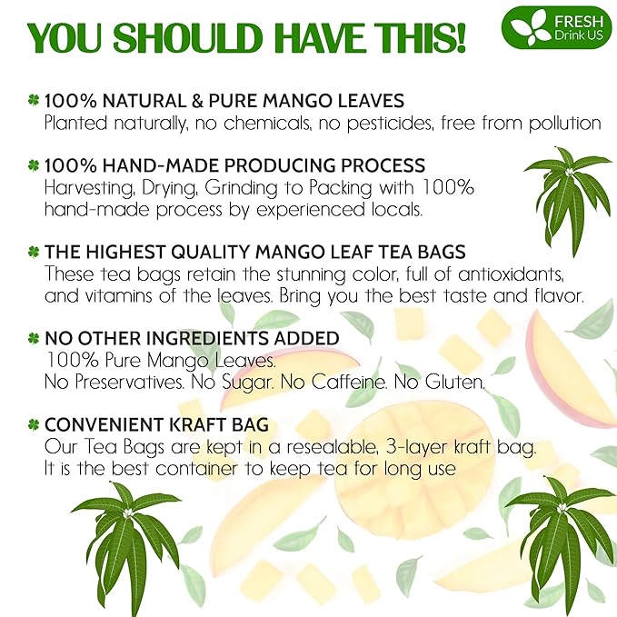 FreshDrinkUS, Premium 100 Mango Leaf Tea Bags, 100% Natural& Pure from Mango Leaves. Loose Leaf Mango Herbal Tea. Mango Leaf Tea. No Sugar, No Caffeine, No Gluten, Vegan.