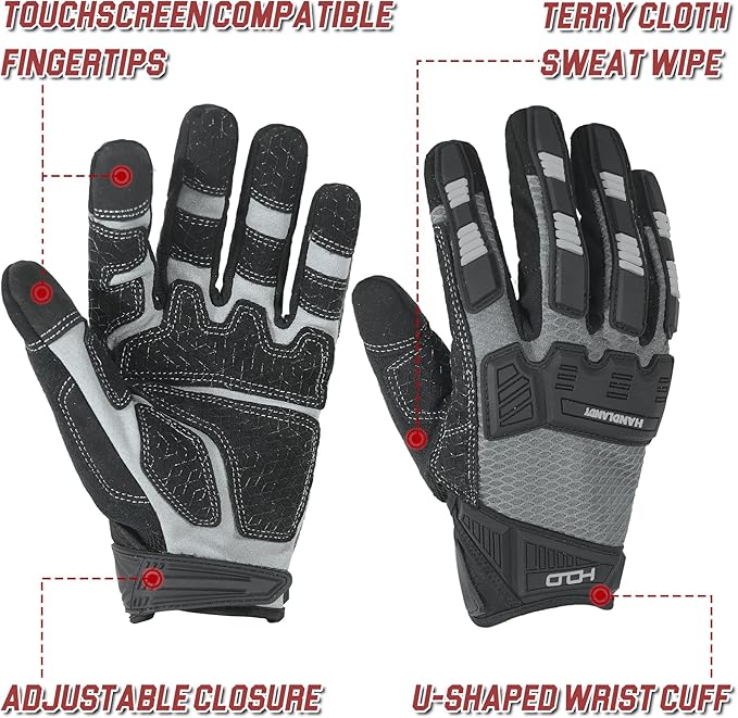 HANDLANDY Mens Work Gloves Touch screen, Utility Mechanic Gloves, Flexible Breathable Fit- Padded Knuckles & Palm