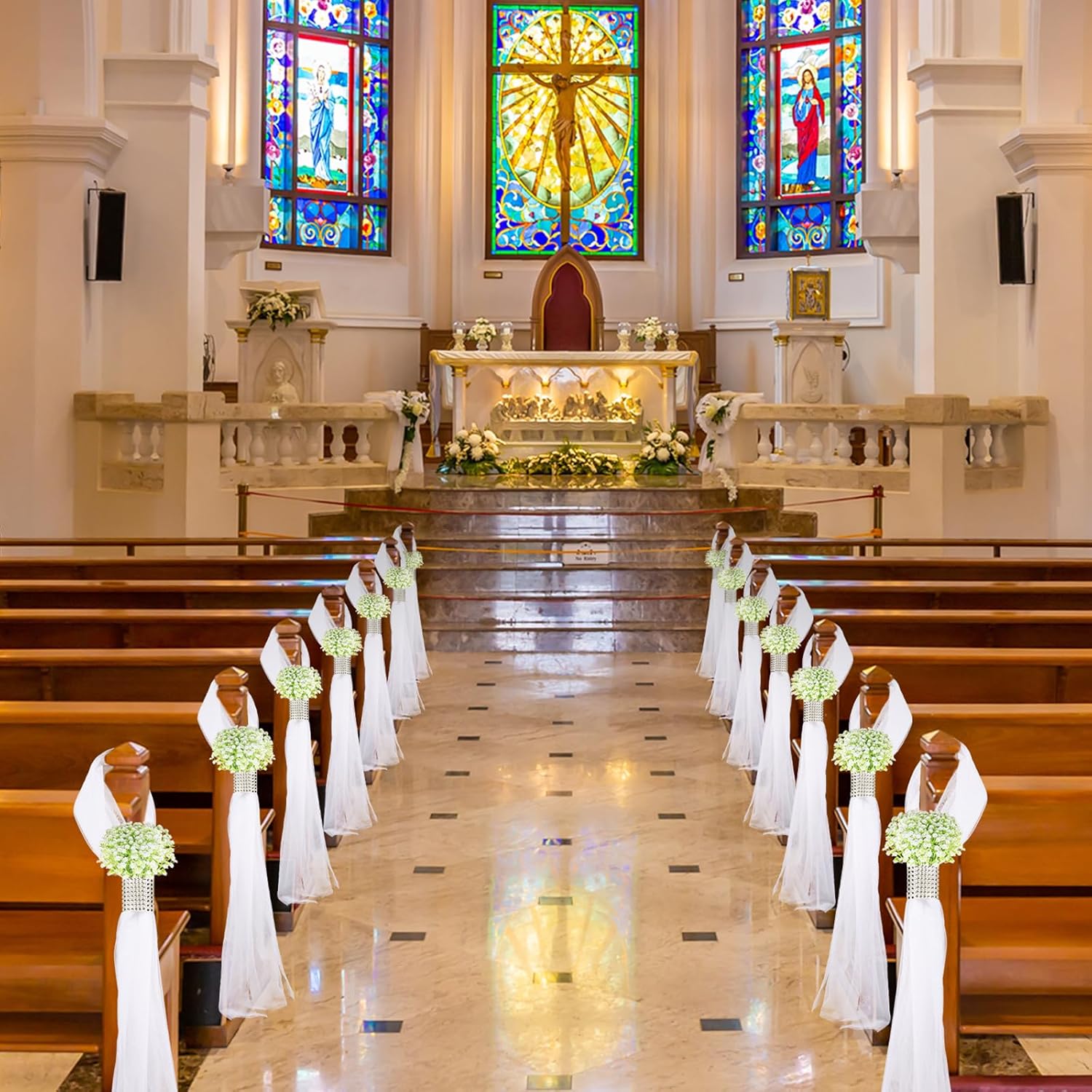 Olgaa Wedding Aisle Decorations for Ceremony Set of 24 Wedding Chair Pew Flowers Church Decorations with Artificial Baby’s Breath and Rhinestone for Weddings Party Bench Aisle (Baby’s Breath)