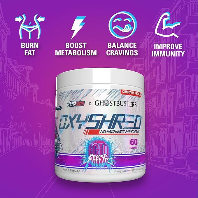 EHP Labs x Ghostbusters OxyShred Pre Workout Powder Supplement - Preworkout Powder with Acetyl L Carnitine, Energy Boost Drink - Ecto Freeze, 60 Servings