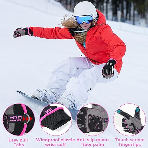 HANDLANDY Waterproof Insulated Work Gloves, 3M Thinsulate Thermal Winter Gloves for Men Women Touch Screen, Warm Ski Snowboard Cold Weather Gloves (Medium, Pink)