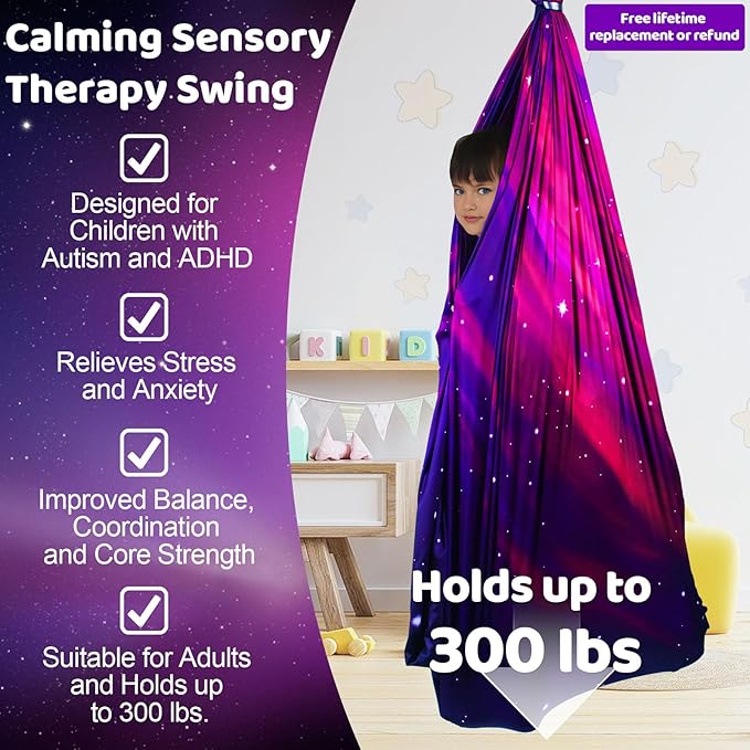 Double Layer Sensory Swing for Kids & Adults Holds up to 300lbs Indoor and Outdoor Therapy Cuddle Swing with 360° Swivel Hanger Kit Adjustable with Aspergers Autism ADHD (Galaxy Purple)