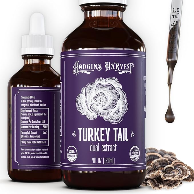 Hodgins Harvest Organic Turkey Tail Tincture | Made with Mushrooms Grown On Our Farm in The USA | Dual Extract | Extra-Concentrated (4 fl oz)