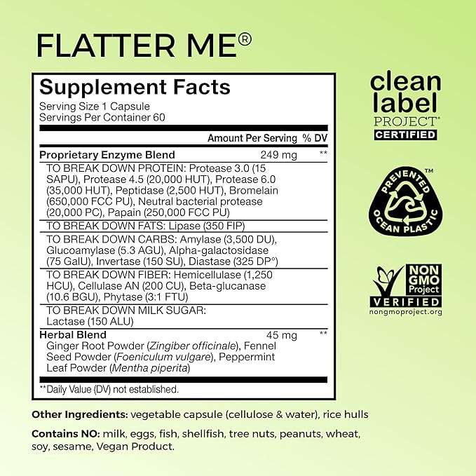 HUM Flatter Me Digestive Enzymes Bloating Supplement - Fast-Acting Bloat Relief for Digestive Health & Debloating Multi Enzyme | Bloat Pills, Anti Bloat Pills, Vegan 60 Servings
