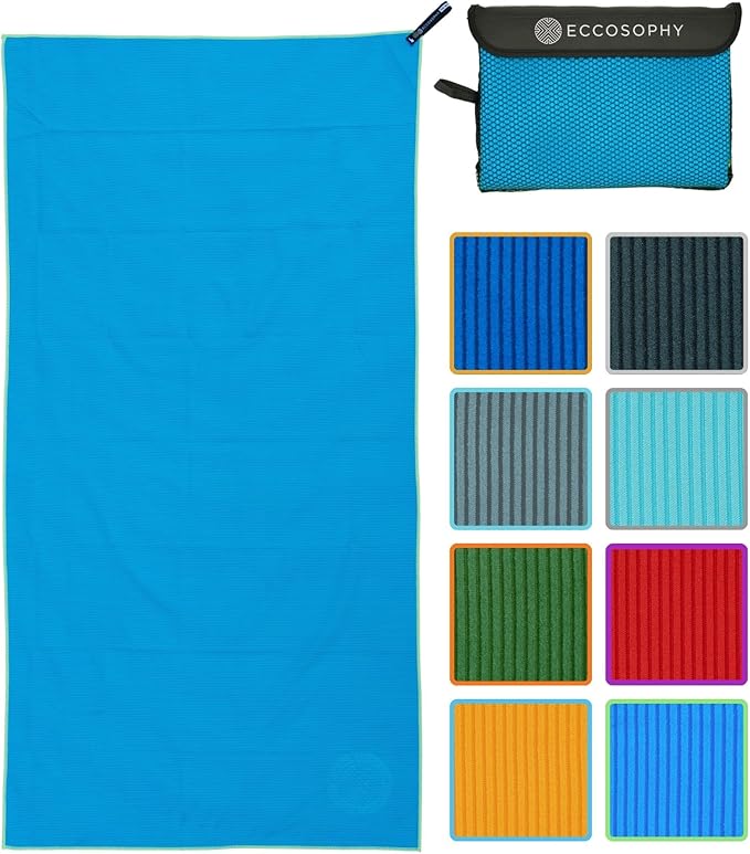 ECCOSOPHY Microfiber Beach Towel – Quick Dry Gym Towel, Highly Absorbent with Ribbed Texture, Lightweight – Ideal for Travel, Pool, Yoga, Fitness & Outdoor Adventures – 40x20 Azure