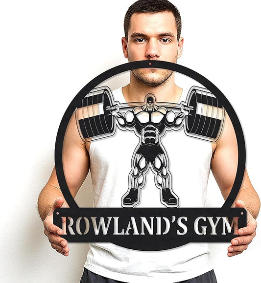 Gym Metal Sign Personalized Custom Name Workout Room Fitness Decor, Powerlifting Garage Center Motivational Wall Art, Gift for Women, Men, Dad, Papa, Grandpa, Mother, Sister, Girls, Family Steel