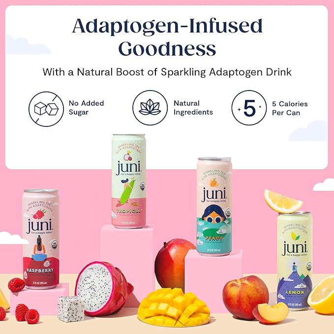 Juni Sparkling Adaptogen Drink with Ashwagandha, Lion’s Mane & Reishi Mushrooms | Green Tea for Focus, Zero Sugar, 5 Calories, Organic | Non Alcoholic Drinks - Variety Pack 12 pack