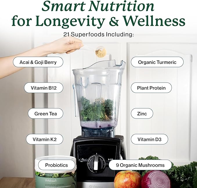 Dr. Fuhrman Whole Food Greens Powder | Premium Greens Superfood Powder Multivitamin | Plant Based Protein for Immune Support & Gut Health | Organic Mushrooms, Greens, & Turmeric | Vitamin B12, D3, K2