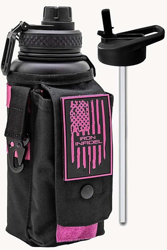 Iron Infidel Battle Bottle - 32 Oz Insulated Water Bottle with Straw Lid & Chug Cap, Stainless Steel Metal Flask Includes Rugged, Removable Sleeve for Keys, Wallet, & Phone (Black/Pink 1 Liter)