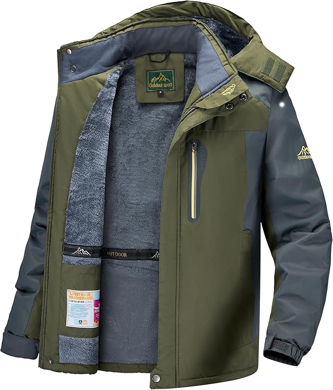 Men's Winter Ski Jacket Warm Waterproof Fleece Liner Snow Coat Hooded Windproof Mountain Raincoat