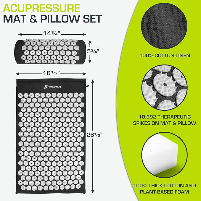ProsourceFit Acupressure Mat and Pillow Set for Back/Neck Pain Relief and Muscle Relaxation, Large - Gray/Gray