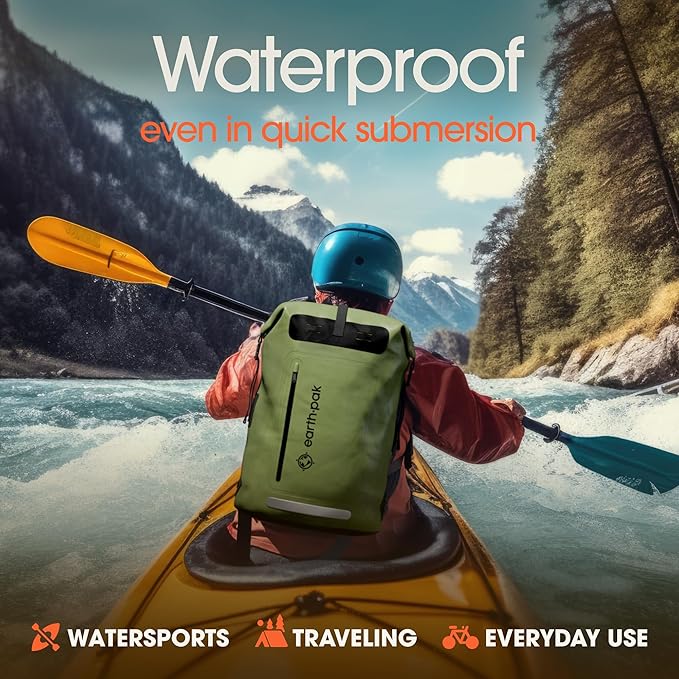 Earth Pak Waterproof Backpack - Heavy Duty Hiking Backpack - Roll-Top Closure Bag - Cushioned Dry Bag Waterproof Phone Case