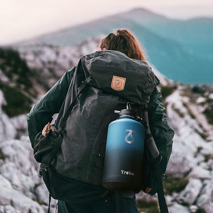 Trebo One Gallon Water Bottle Insulated with Paracord Handle,128oz Large Stainless Steel Water Jug,Vacuum Double Wall Insulated 24hr Cold Retention,Leakproof Flask with 3 Lids,Indigo Black