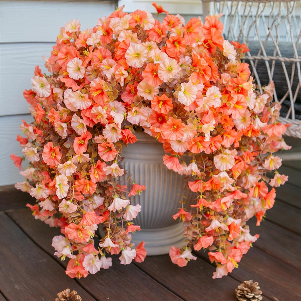2 PCS Artificial Faux Fall Hanging Flowers Plants for Outdoor,Fake Silk Morning Glory with Eucalyptus UV Resistant Mums for Wall Home Porch Patio Balcony Yard Indoor Decor (Fall Orange+Light Orange)