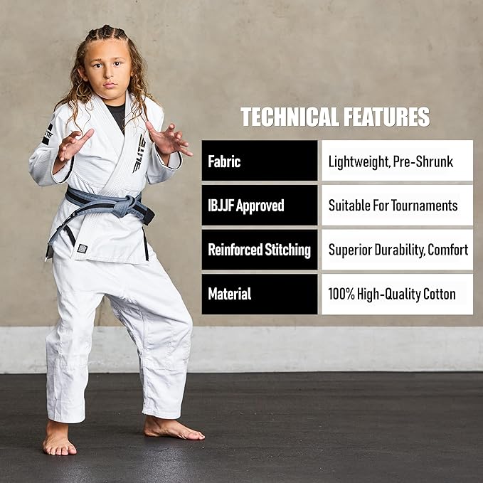 Elite Sports Kids Brazilian Jiu Jitsu Belts Preshurunk Martial Arts Youth BJJ Belts for Girls & Boys with BJJ Ranking Stripes