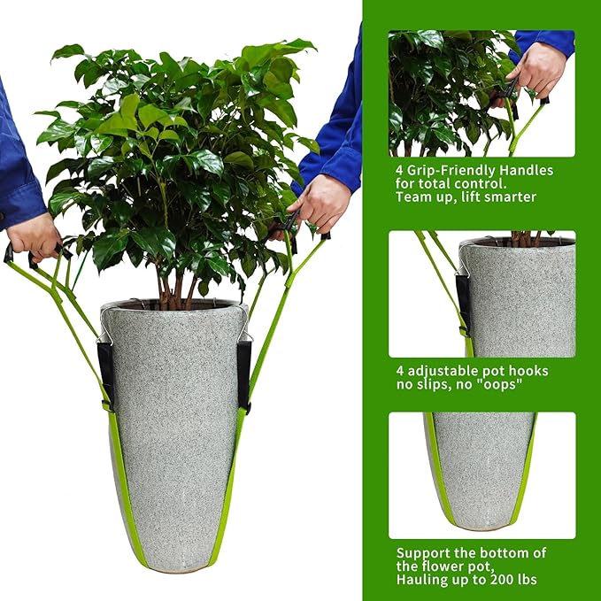 Potted Plant Mover，Plant Lifting Straps for Garden Flower Pots, Planters，Rocks, Trees，Easily Lift and Move Heavy Items Up to 200 Pounds，Mid Size, Green, Patent Pending