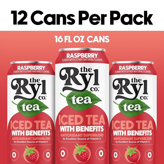 Ryl Iced Tea, Raspberry, Antioxidant Superblend, Zero Sugar, Low Carb, Zero Calorie Iced Tea, 16.0 Fl Oz (12-Pack)
