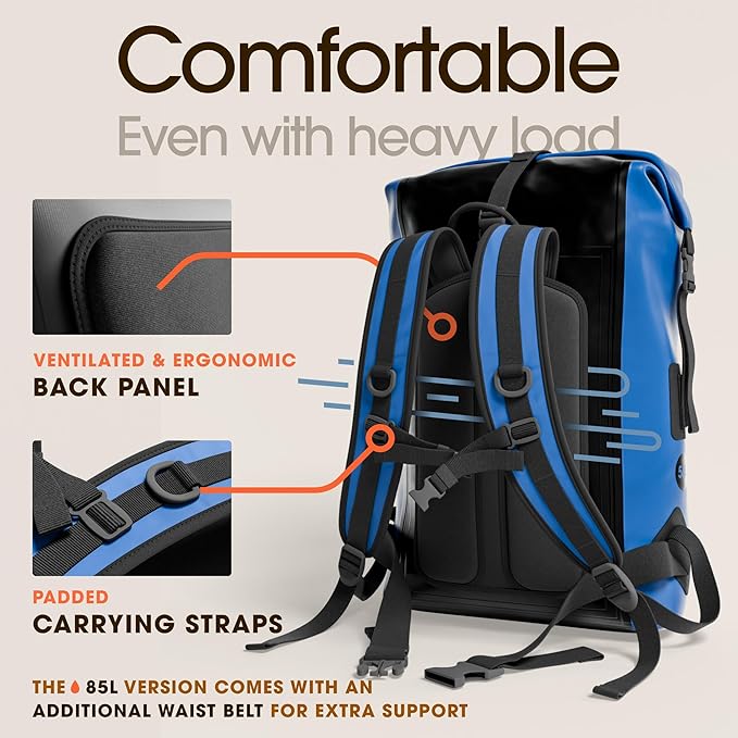 Earth Pak Waterproof Backpack - Heavy Duty Hiking Backpack - Roll-Top Closure - Waterproof Bag - Cushioned Dry Bags Waterproof w/ IPX8 Waterproof Phone Case - Wet Bag for Hiking, Kayak(Blue, 85L)