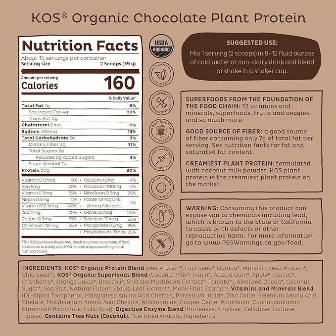 KOS Plant Based Protein Powder, Chocolate USDA Organic - Low Carb Pea Protein Blend, Vegan Superfood with Vitamins & Minerals - Keto, Soy, Dairy Free - Meal Replacement for Women & Men - 15 Servings