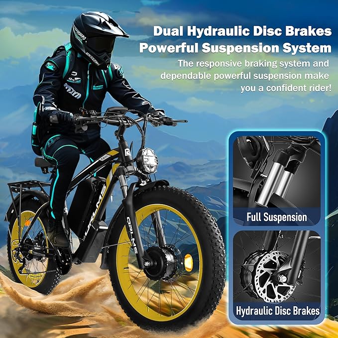 Electric Dirt Bike, 5000W Peak Dual Motor EBike for Adults, 60V 25AH Battery Electric Bike with 40-50MPH Mountain AWD 21-Speed Snow, 26" x 4.0 Fat Tire, Long Range Off-Road