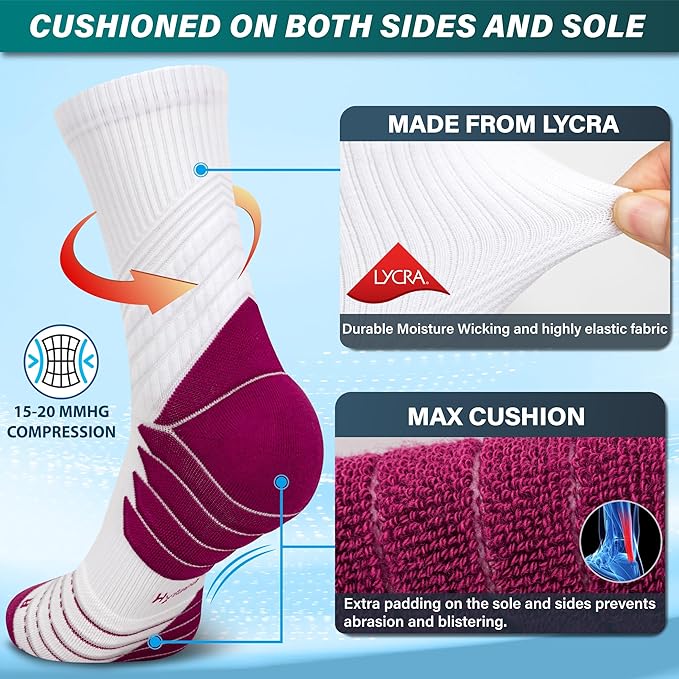 Hylaea Compression Running Socks for men, Coolmax Anti-Blister Cushion Crew Socks for Athletic, Moisture Wicking & Seamless