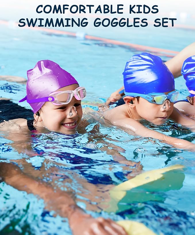 Kids Swim Goggles, Swimming Goggles for Kids Toddlers 3-14 with Swim Cap, Nose Clip, Nose Bridge, Ear Plugs