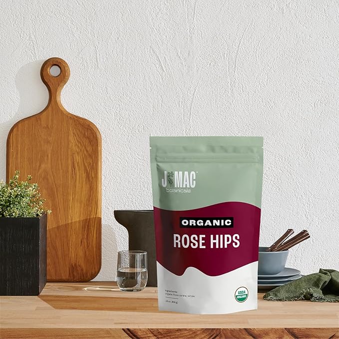 J MAC BOTANICALS Organic Rose Hips (8 oz Bag) Whole, natural organic dried rose hips for herbal tea, rosehips dried organic, rosehip tea, packaged in the USA