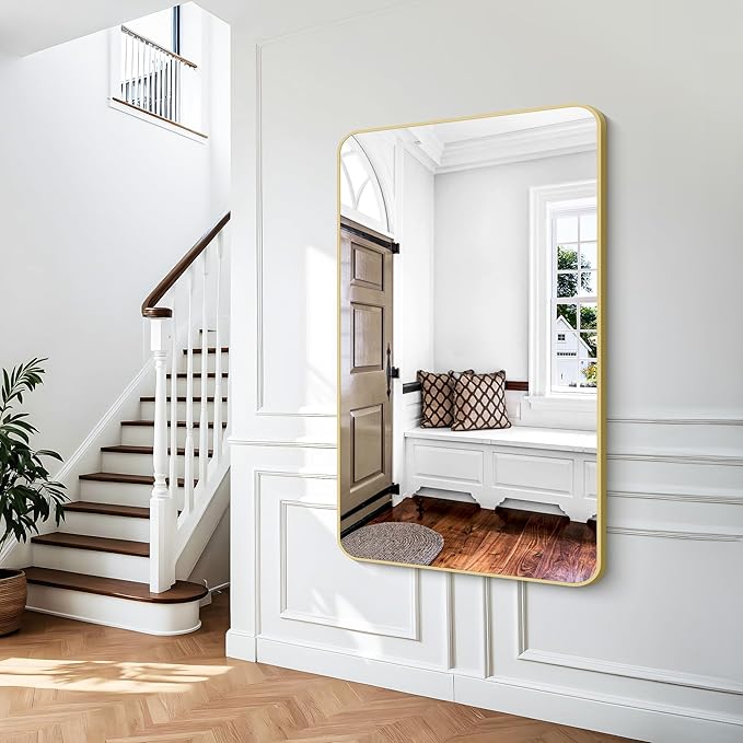 Gold Bathroom Mirror,60x36 inch Wall Mirror for Bathroom Wall Mounted,Round Rectangle Mirror for Bathroom Over Sink,Modern Frame for Home Decor Living Room,Bedroom Entryway,Horizontal/Vertical