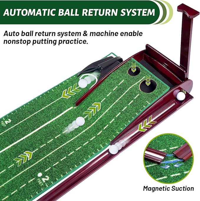 Indoor Putting Mat - Green with 3 Tracks & Auto Ball Return, Mini Golf Game & Practice Equipment, Gift for Golfer Lovers
